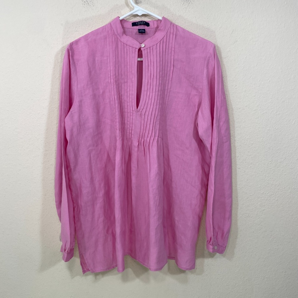 CHAPS Linen Tunic Top Women's L Pink Long Sleeve Keyhole Front Preppy Coastal